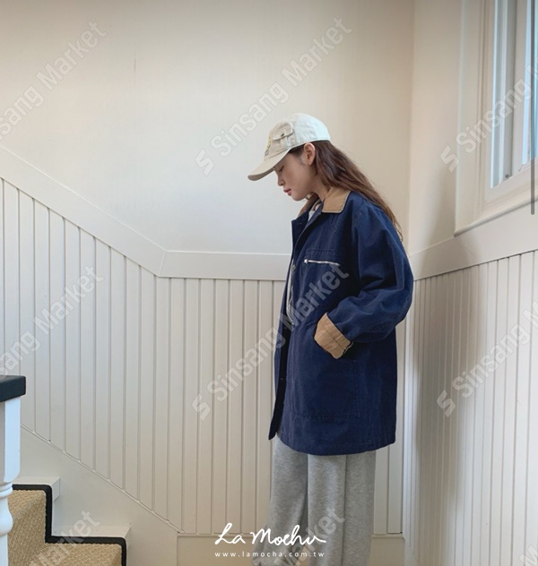 拼色風衣感排扣外套